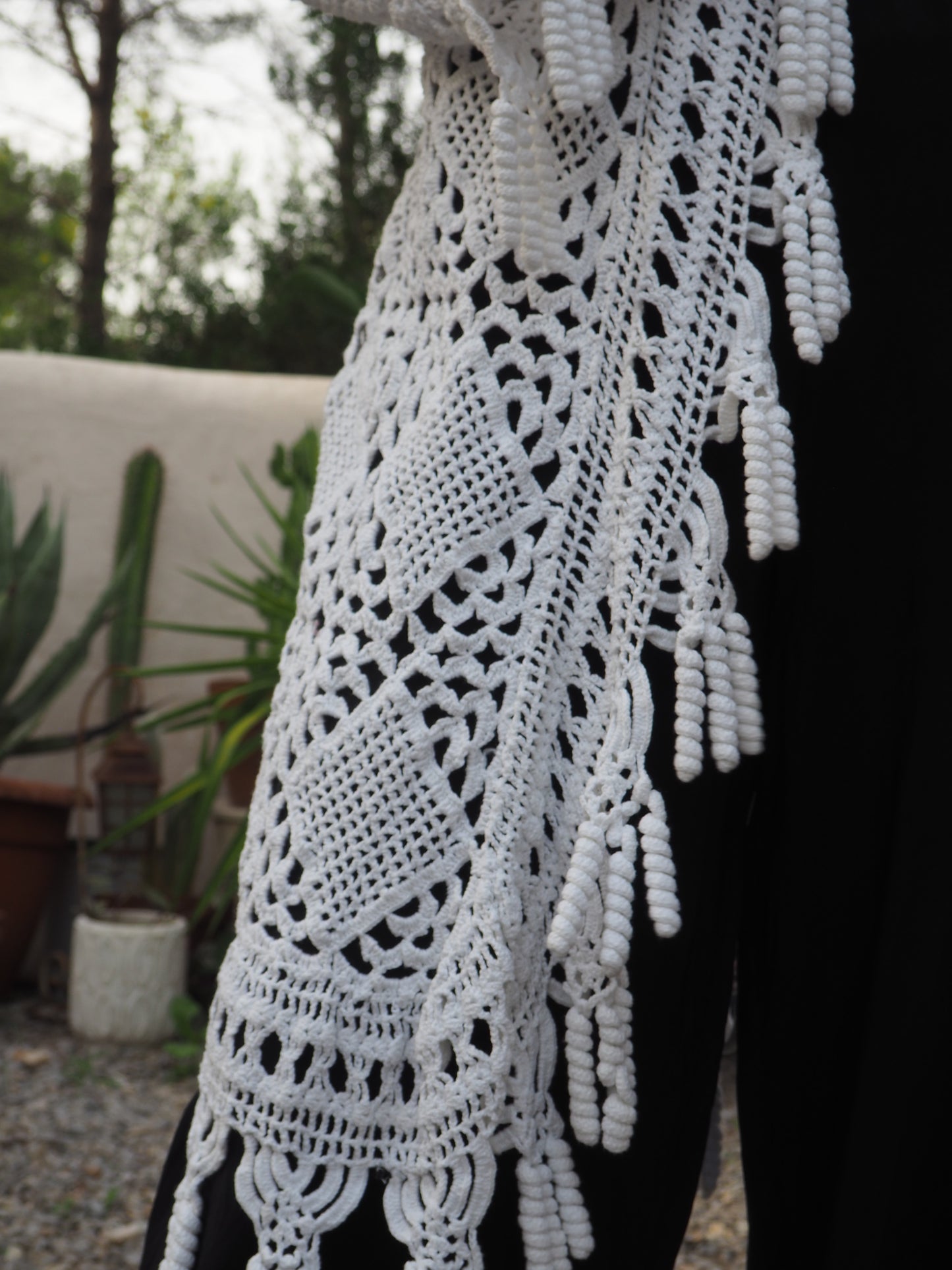 White vintage crochet long jacket up-cycled by Vagabond Ibiza with cute tássel trim