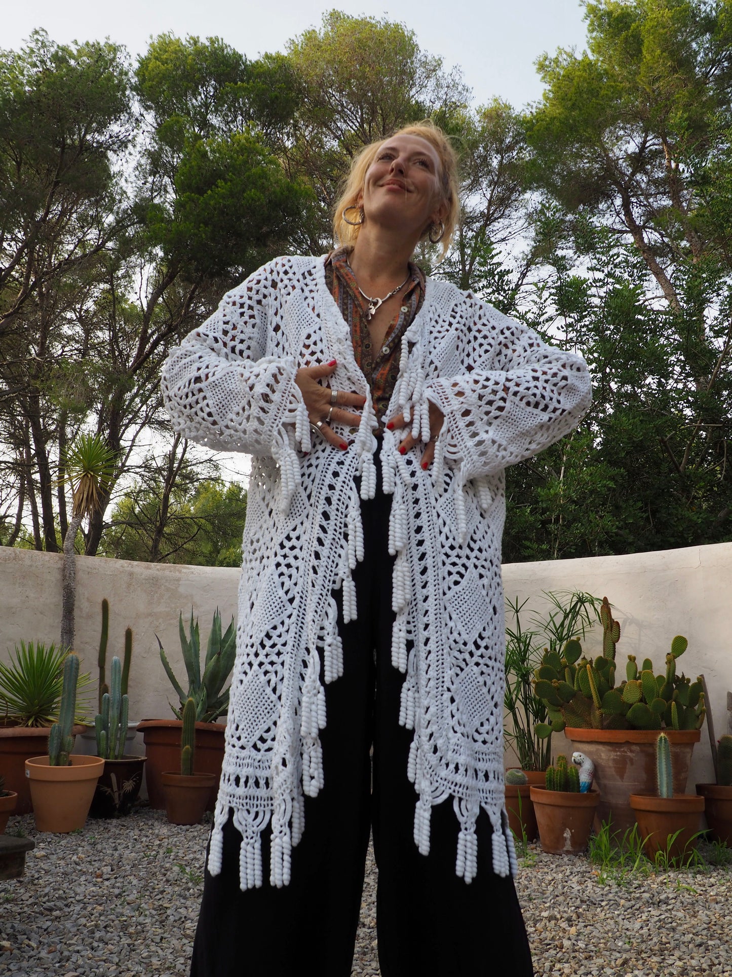 White vintage crochet long jacket up-cycled by Vagabond Ibiza with cute tássel trim