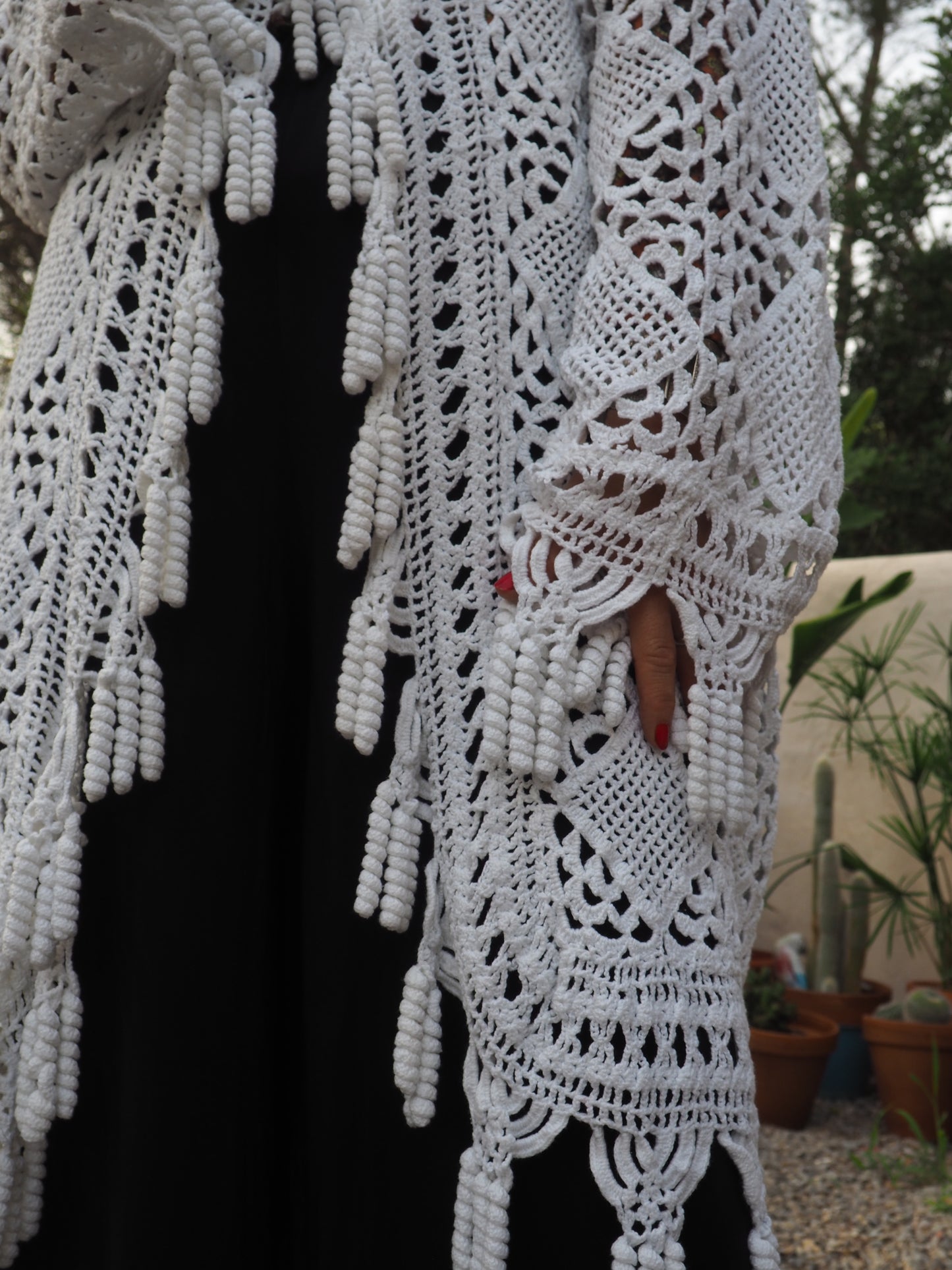 White vintage crochet long jacket up-cycled by Vagabond Ibiza with cute tássel trim