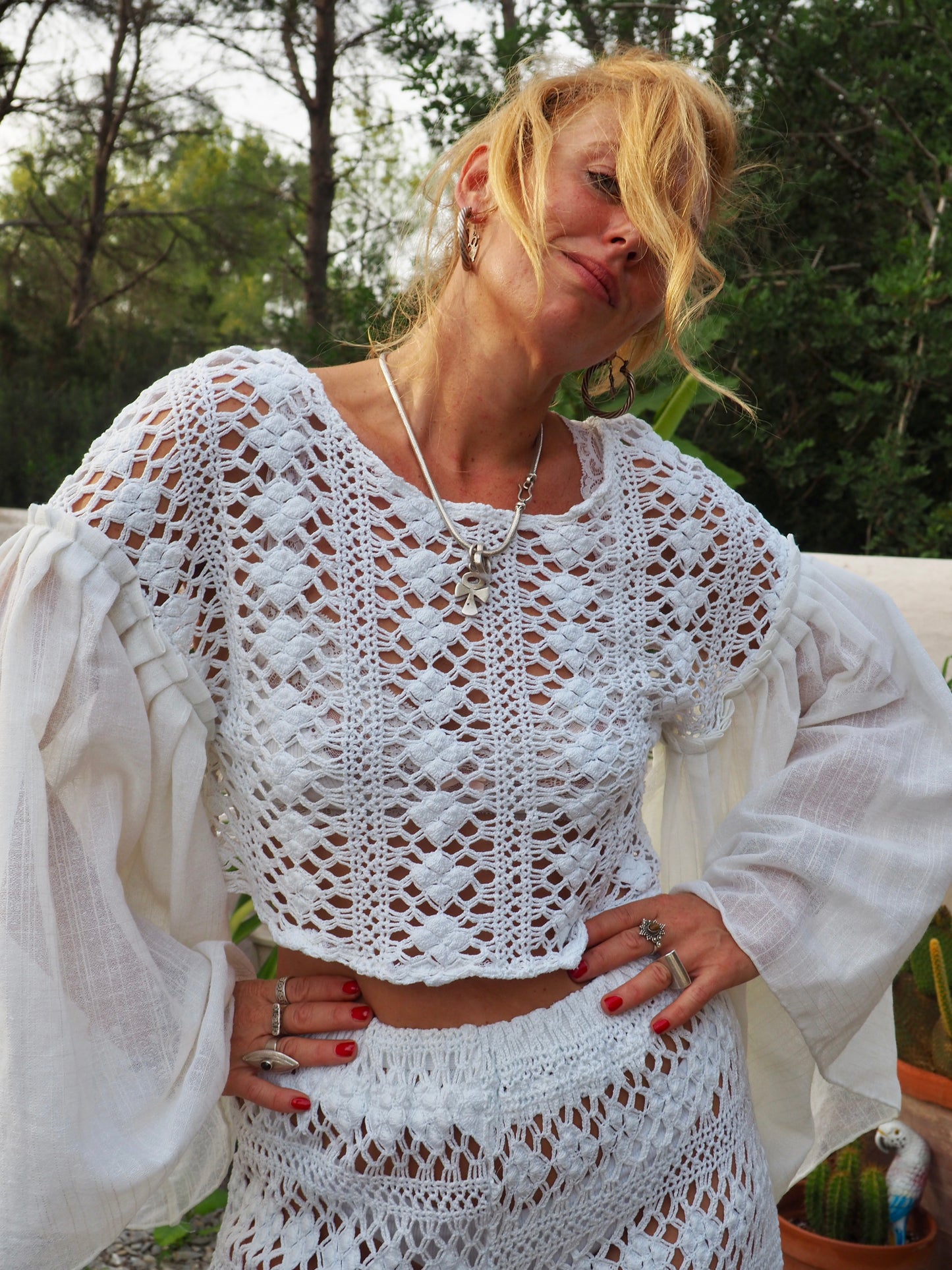 White crochet up-cycled 2 piece set wide leg pants with elastic waist and top up-cycled by Vagabond Ibiza from