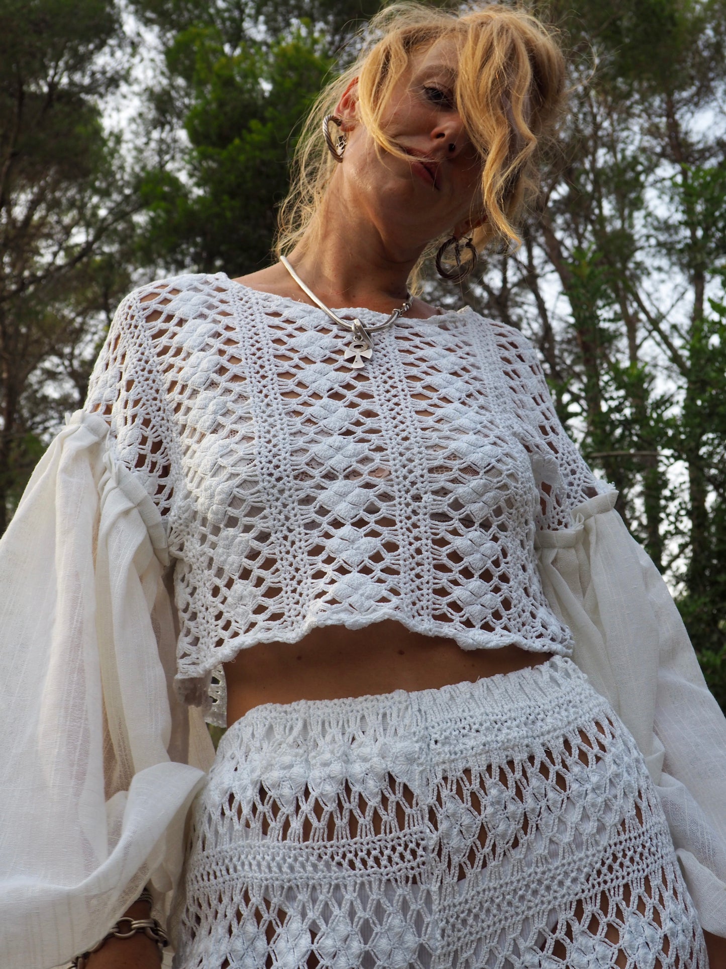 White crochet up-cycled 2 piece set wide leg pants with elastic waist and top up-cycled by Vagabond Ibiza from