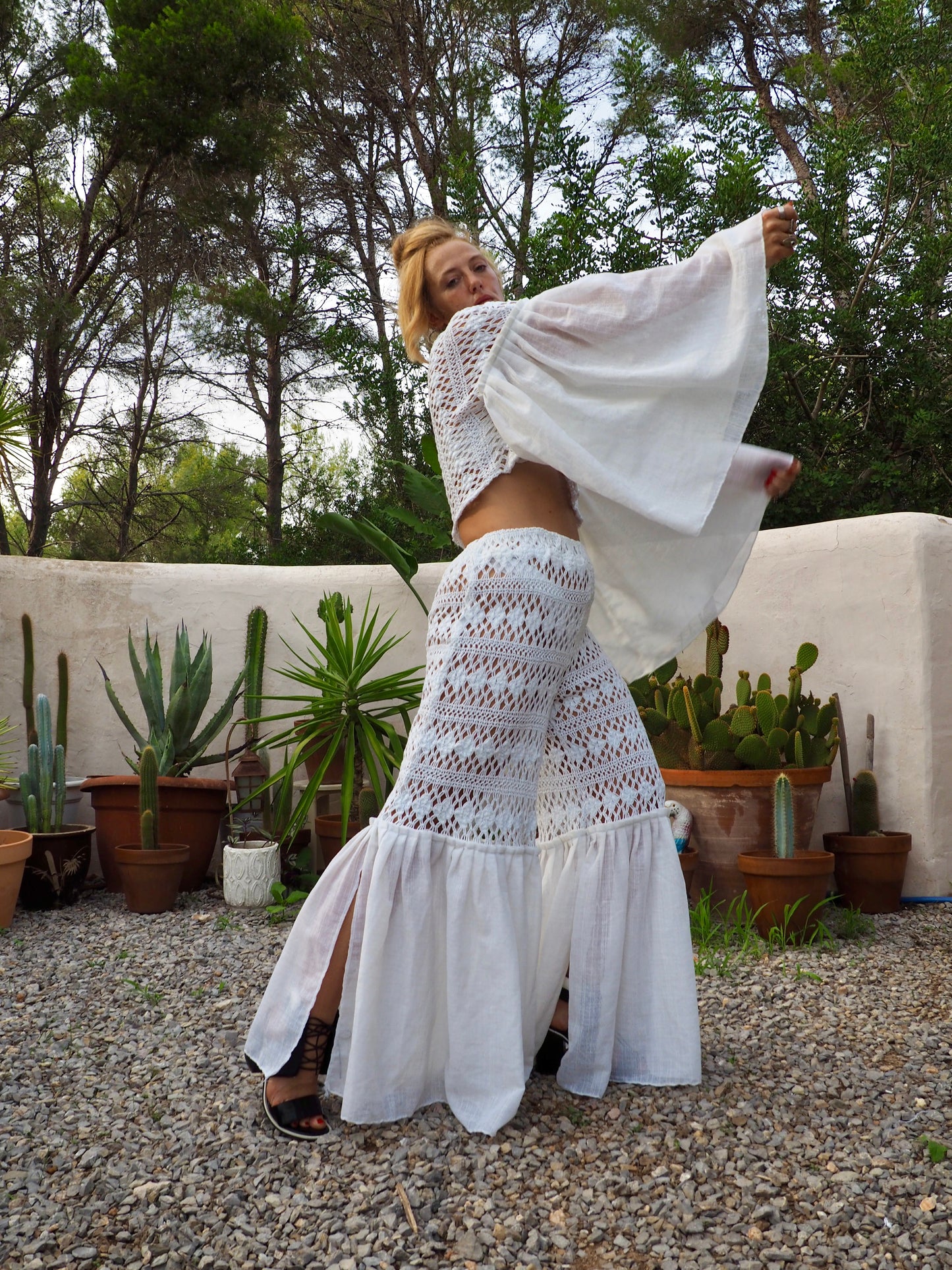 White crochet up-cycled 2 piece set wide leg pants with elastic waist and top up-cycled by Vagabond Ibiza from