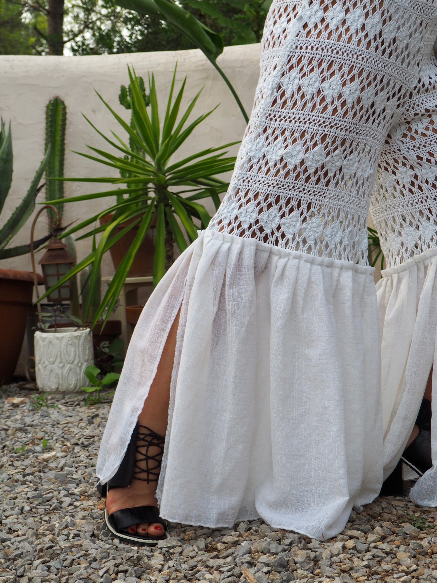 White crochet up-cycled 2 piece set wide leg pants with elastic waist and top up-cycled by Vagabond Ibiza from