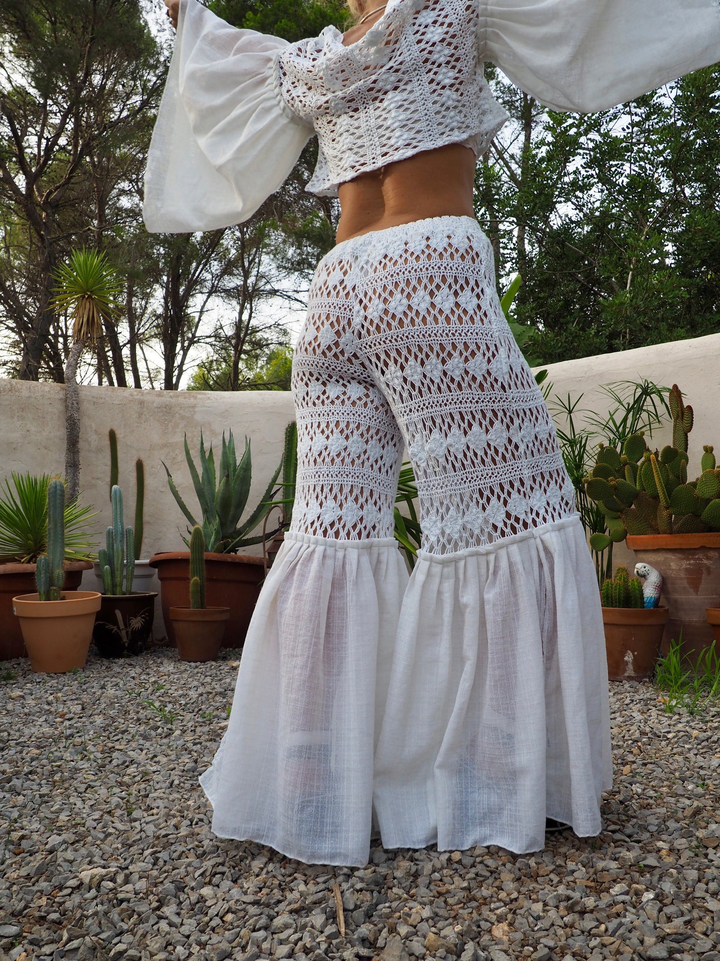 Vintage white handmade crochet wide leg flared bell bottom pants with elastic waist