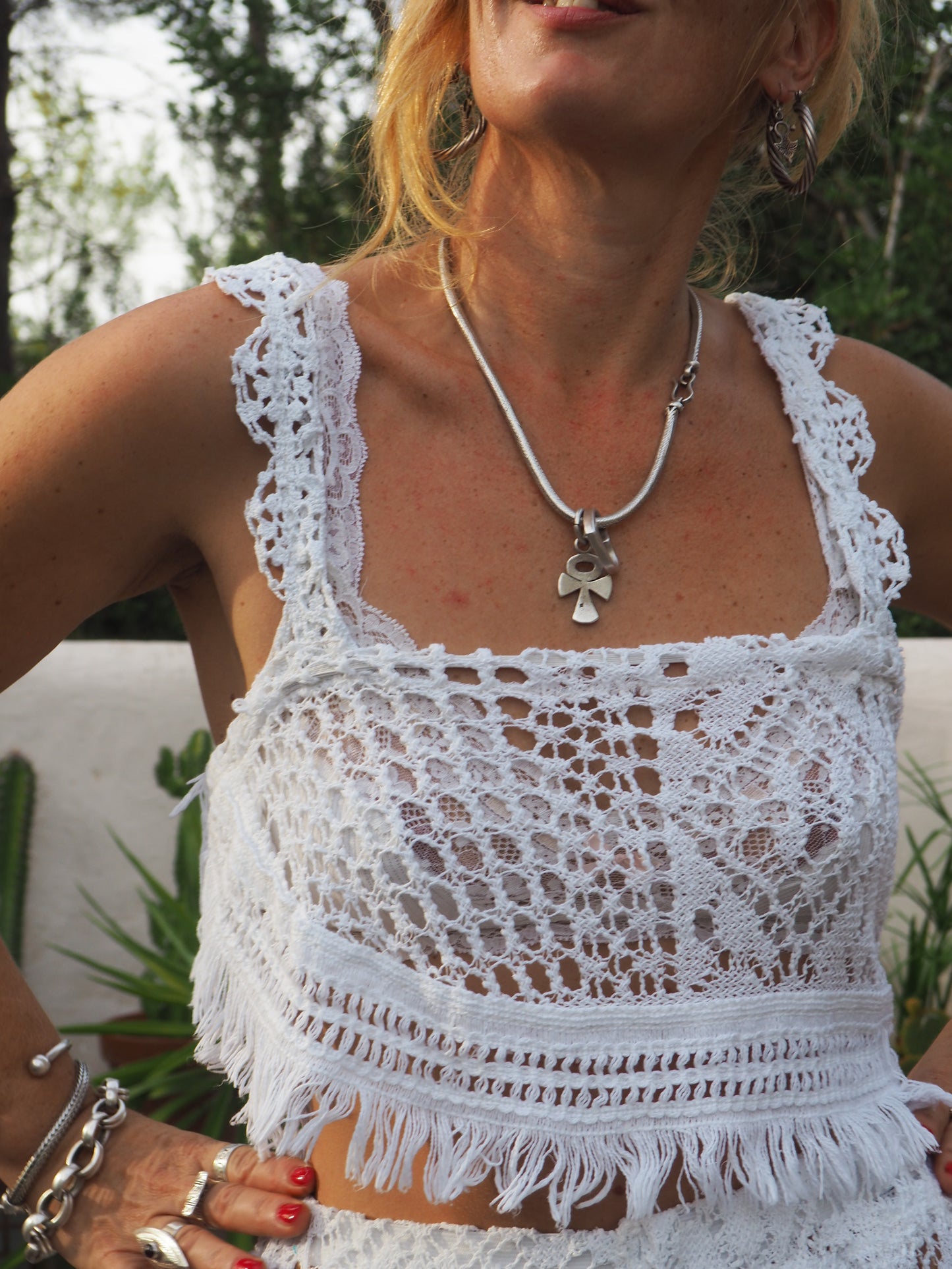 Vintage white handmade crochet top up-cycled by Vagabond Ibiza.