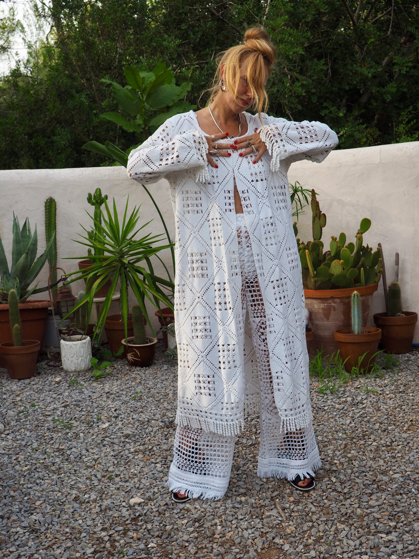 White vintage crochet long jacket up-cycled by Vagabond Ibiza with cute tássel trim.