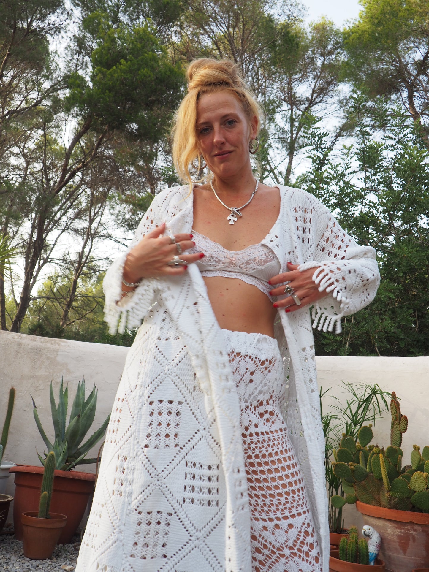 White vintage crochet long jacket up-cycled by Vagabond Ibiza with cute tássel trim.