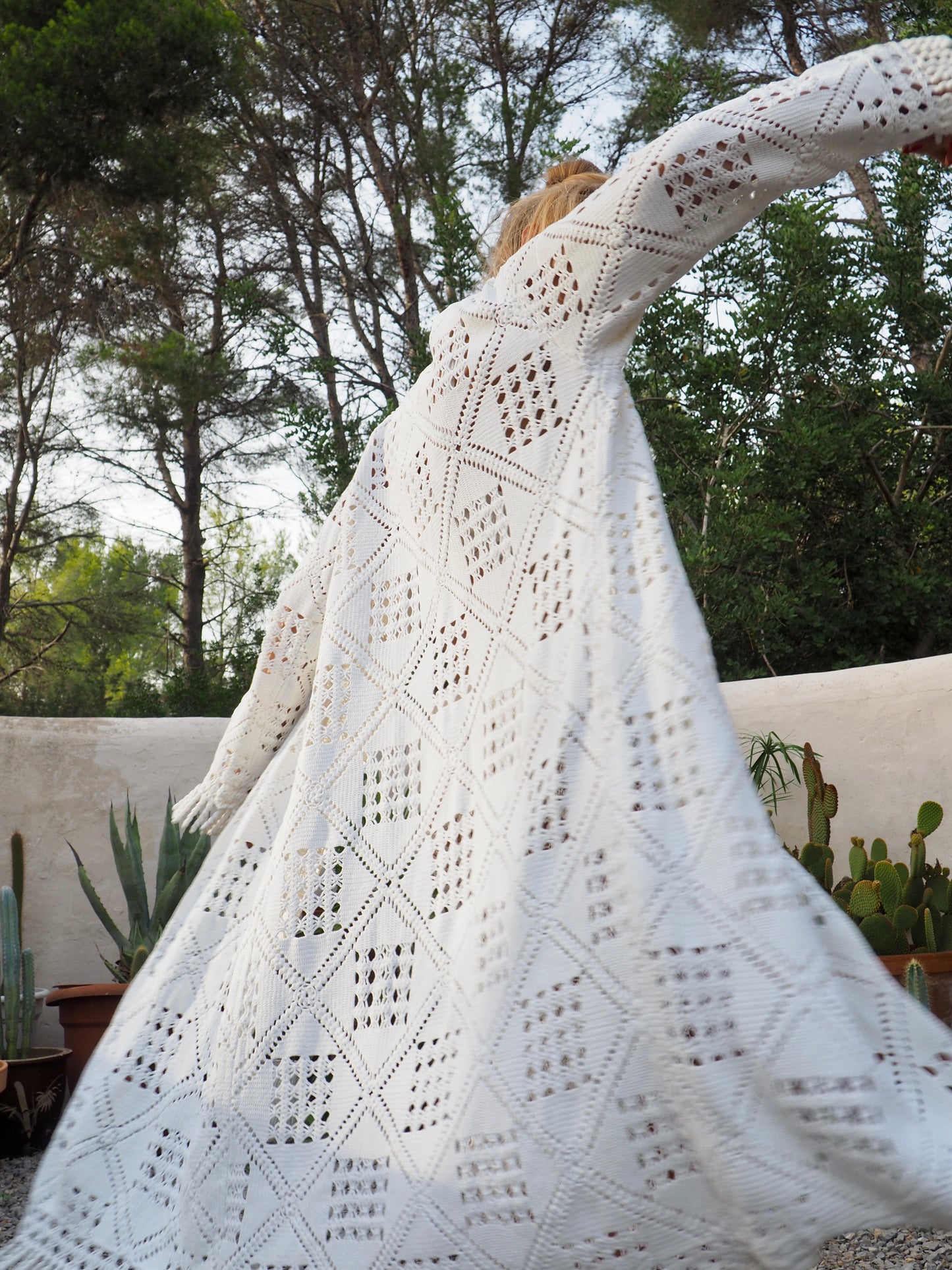 White vintage crochet long jacket up-cycled by Vagabond Ibiza with cute tássel trim.