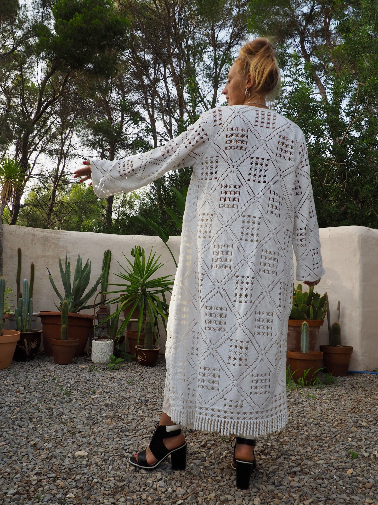 White vintage crochet long jackets up-cycled by Vagabond Ibiza