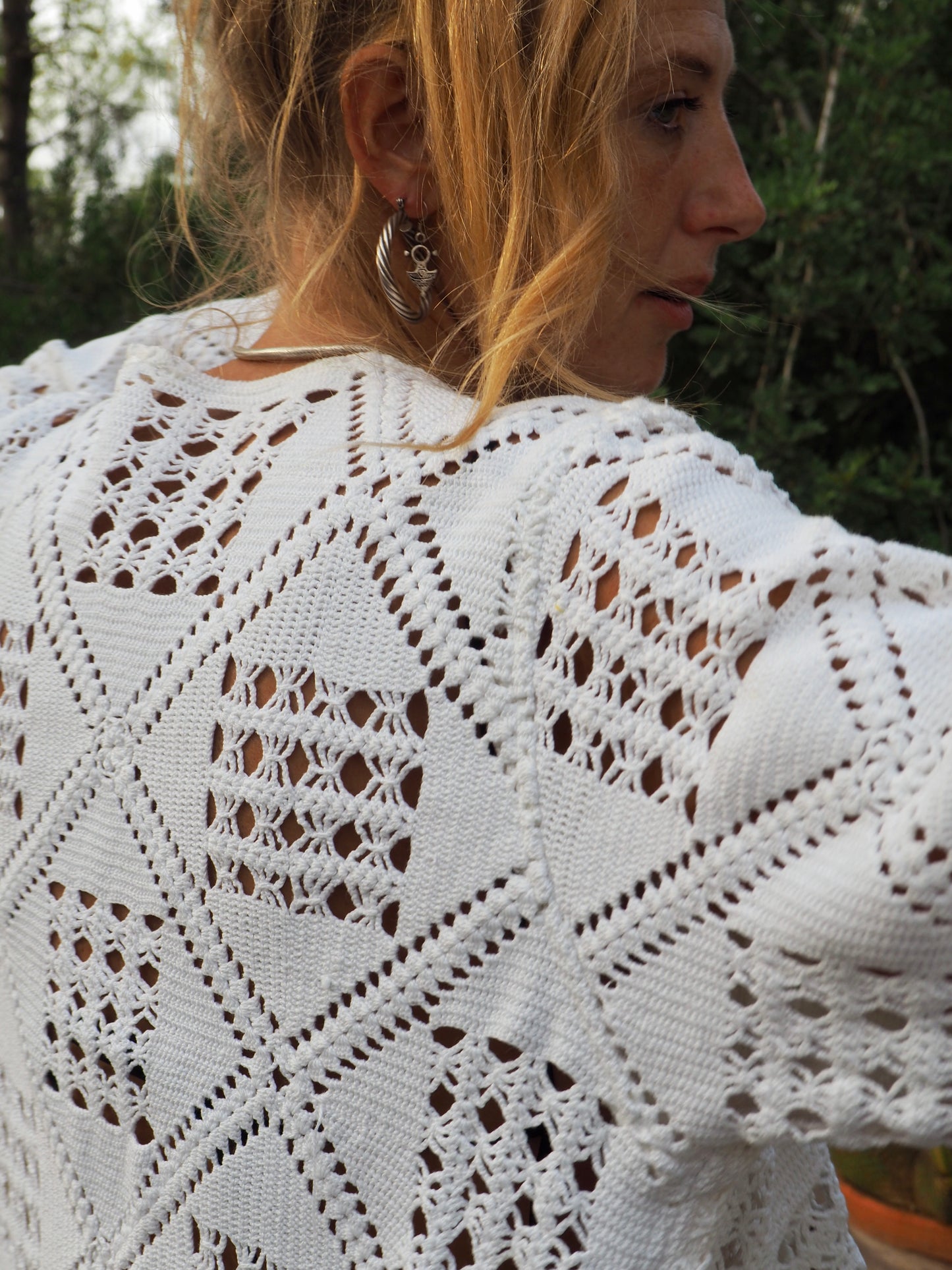 White vintage crochet long jackets up-cycled by Vagabond Ibiza