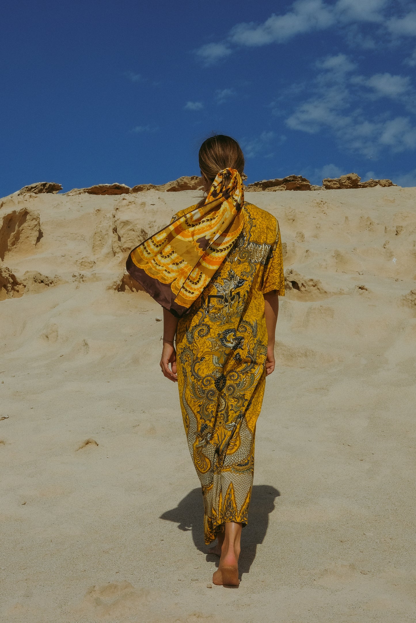 Vintage cotton Indonesian yellow and black printed dress