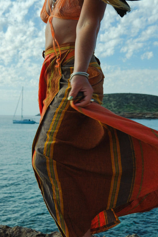Vintage Indian cotton block printed long length wrap skirt in orange tones