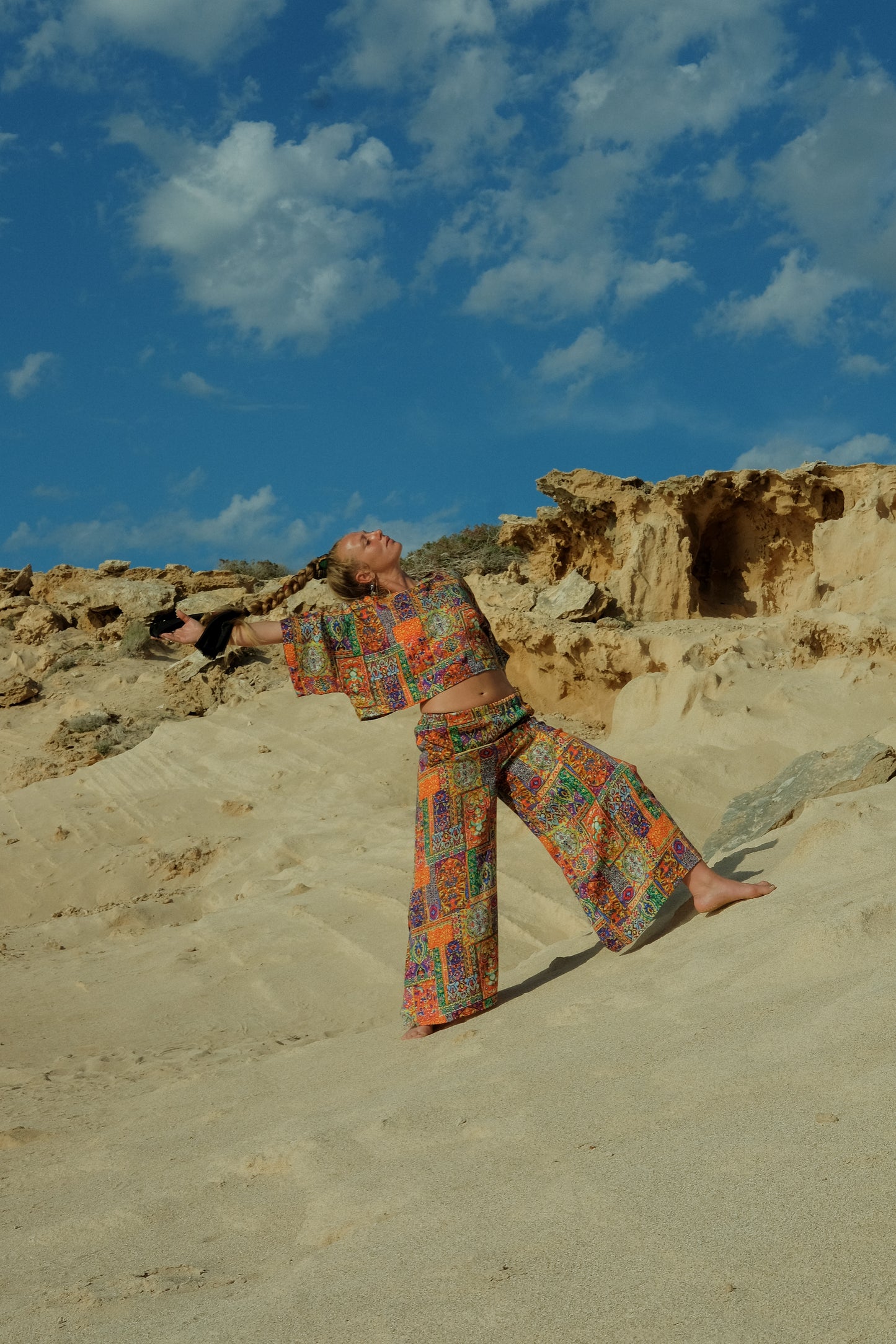 Vintage raw silk digital printed orange 2 pieces set wide leg pants with top up-cycled by Vagabond Ibiza with cool abstract design