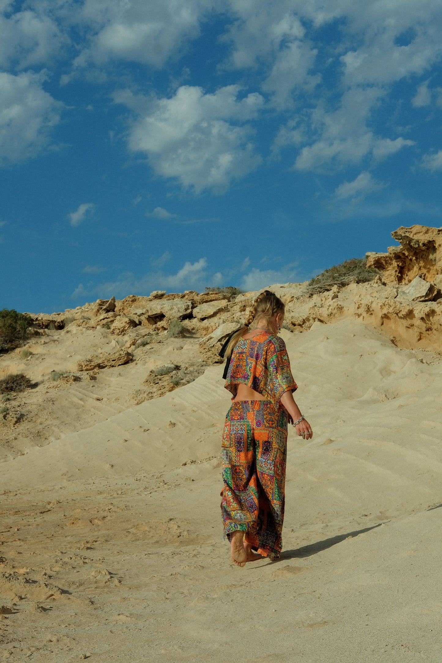 Vintage raw silk digital printed orange 2 pieces set wide leg pants with top up-cycled by Vagabond Ibiza with cool abstract design