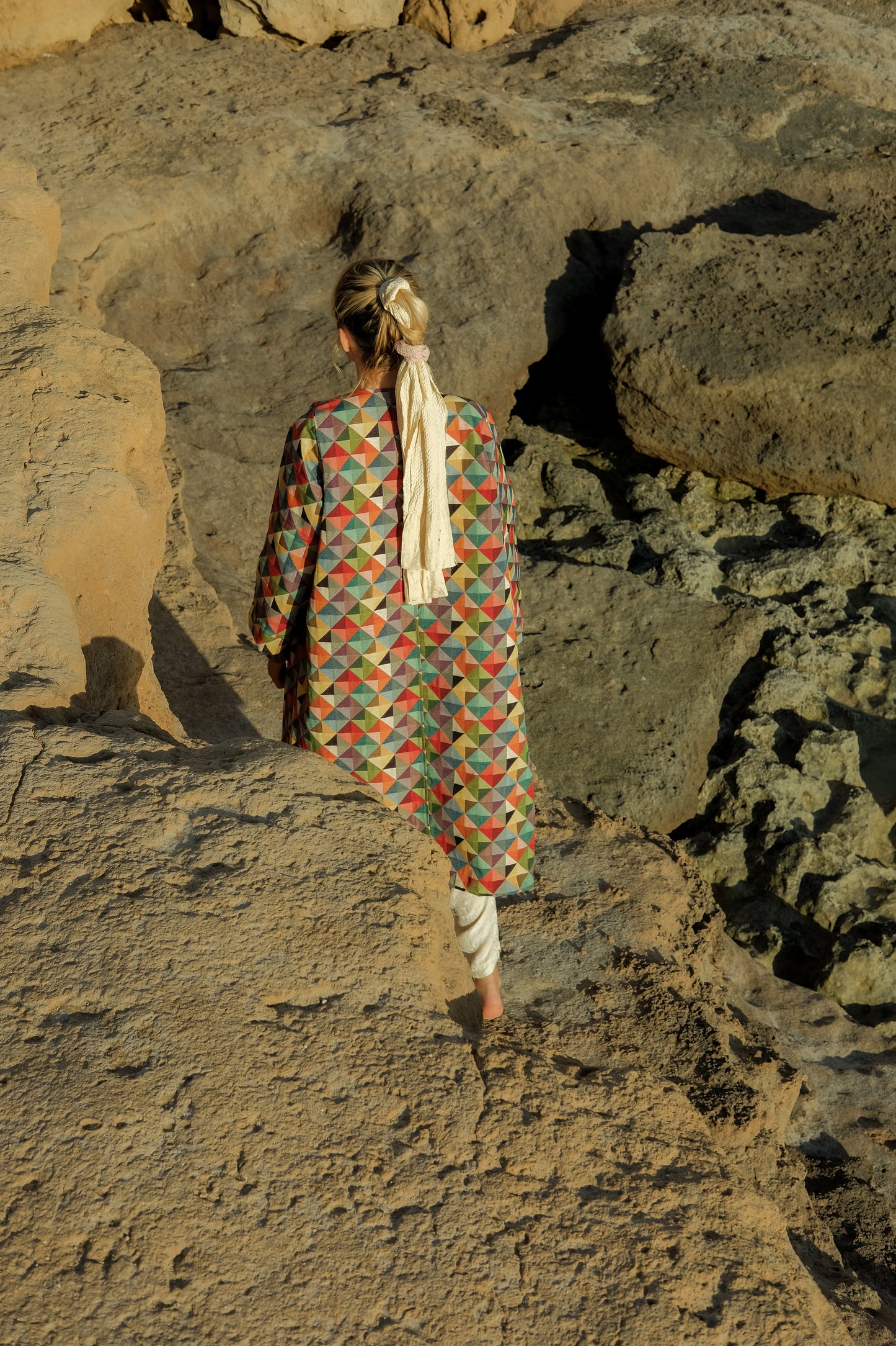 Vintage rainbow woven textile long jacket up-cycled by Vagabond Ibiza