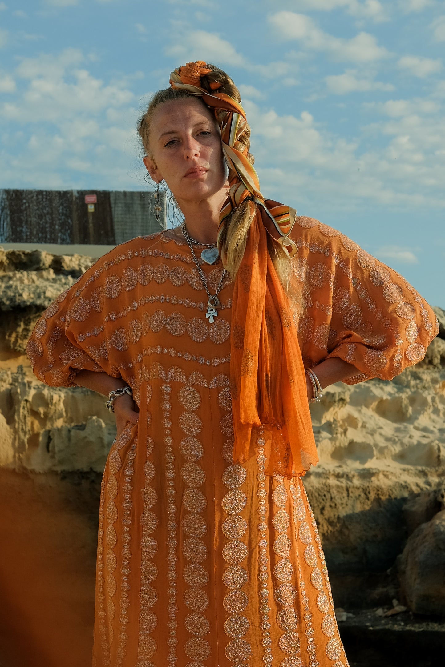 Vintage stunning 1970´s orange woven dress with gold thread details woven through