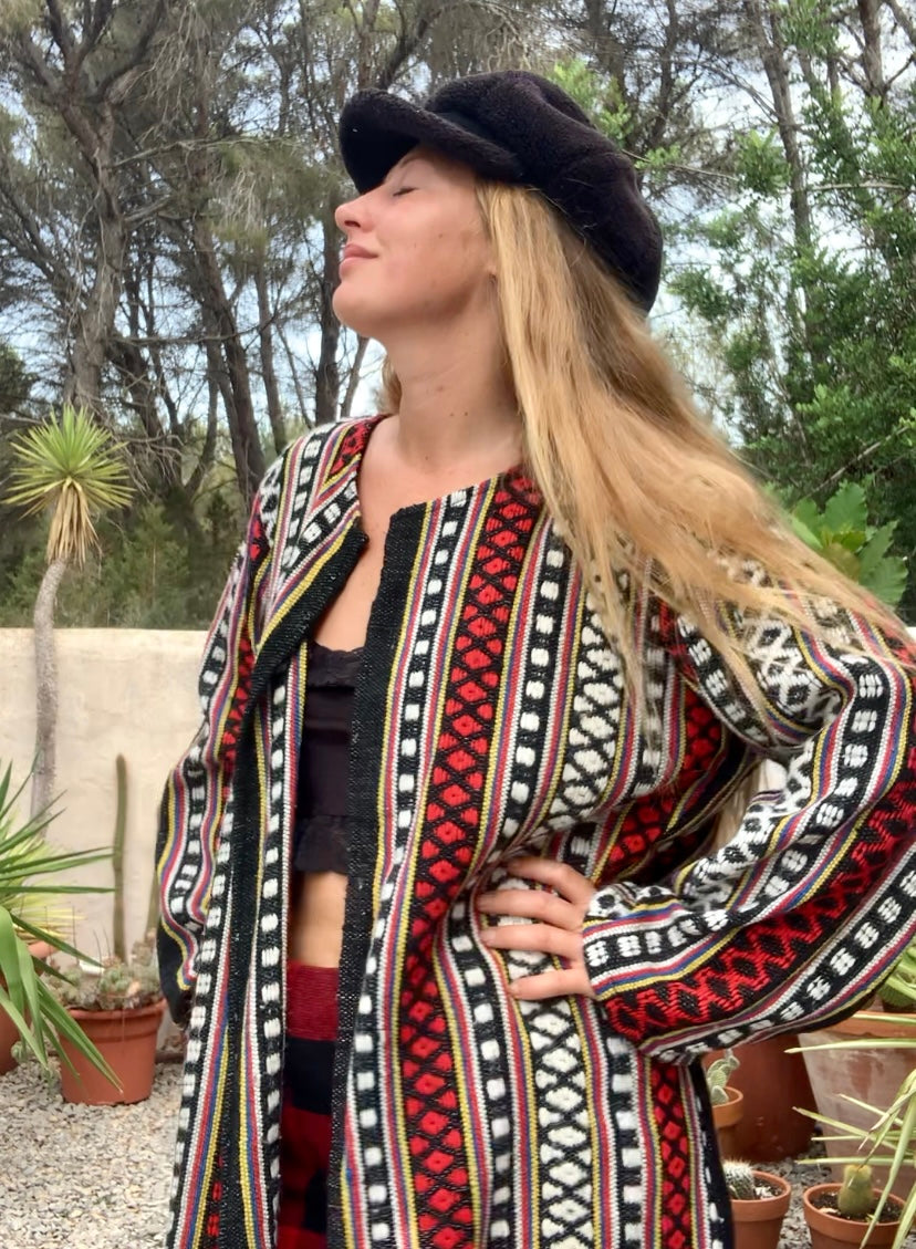 Hand woven Moroccan up-cycled blanket jacket made by Vagabond Ibiza with black white and red striped design