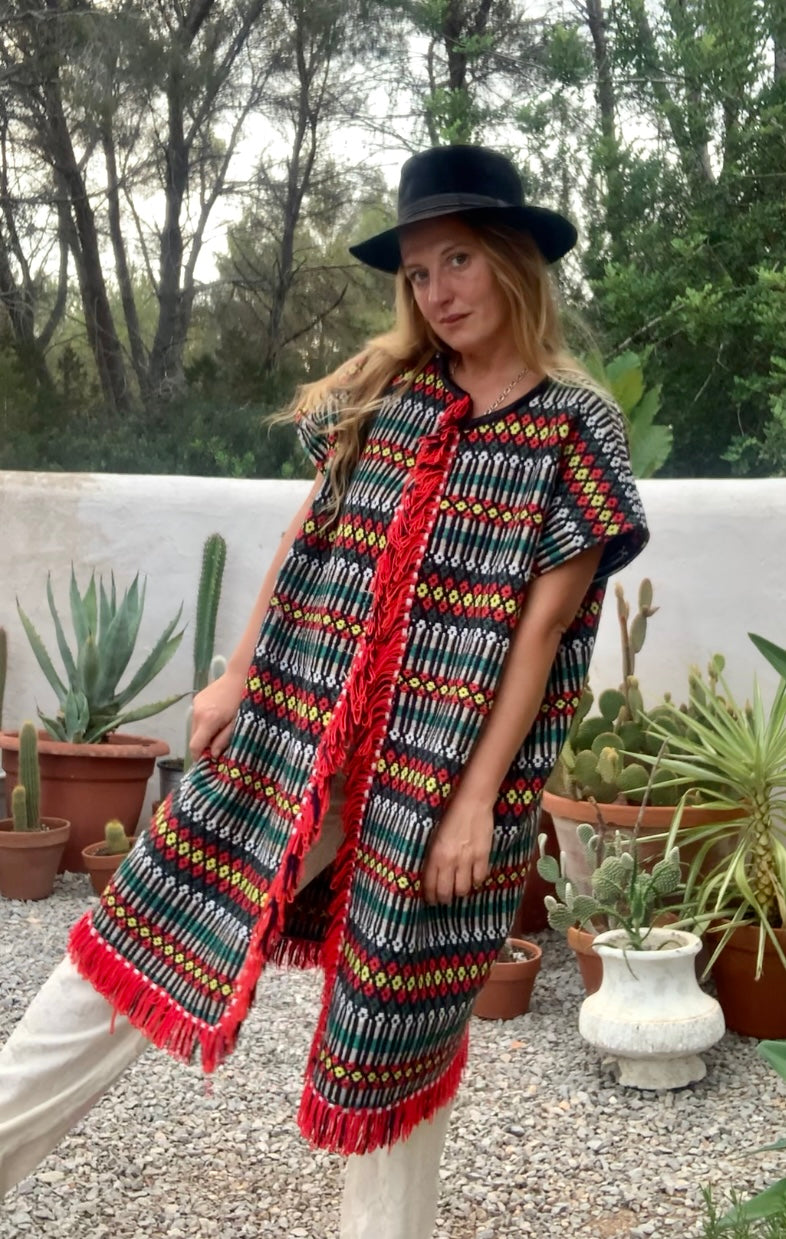 Up-cycled hand woven Morrocan textile waistcoat jacket by Vagabond Ibiza with red and black geometric design