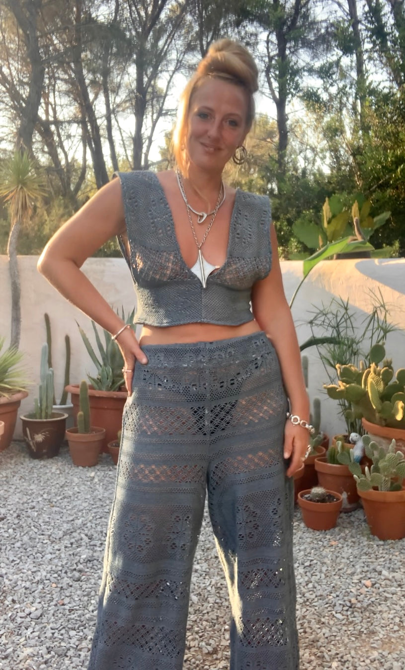 Vintage crochet textiles in gray up-cycled 2 piece set wide leg pants with elastic waists and low cut crop top with tie back