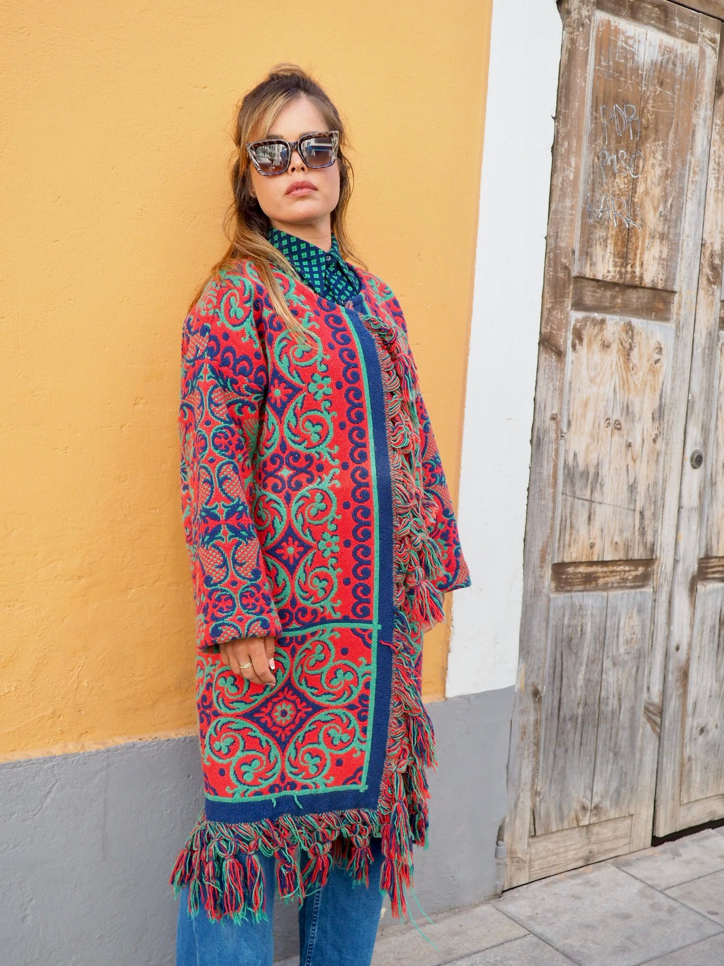 Amazing one off a kind woven tapestry jacket with oversize tassels trimming up-cycled jacket made by Vagabond Ibiza