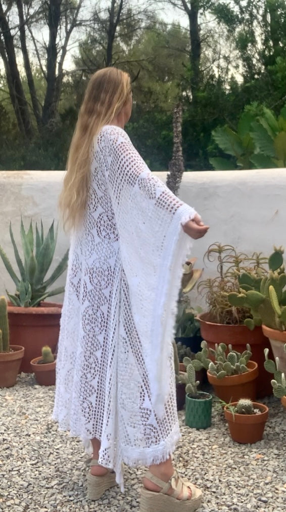 vintage white crochet long maxi dress with wide bell sleeves up-cycled by Vagabond Ibiza