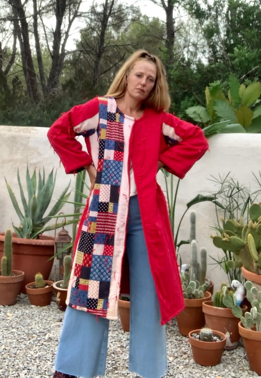 Patchwork cotton quilted blanket jacket up-cycled by Vagabond Ibiza with red and blue design.