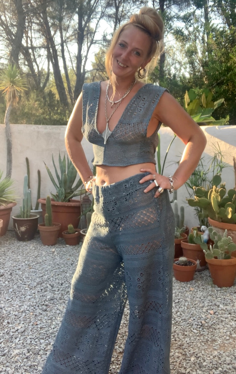 Vintage crochet textiles in gray up-cycled 2 piece set wide leg pants with elastic waists and low cut crop top with tie back