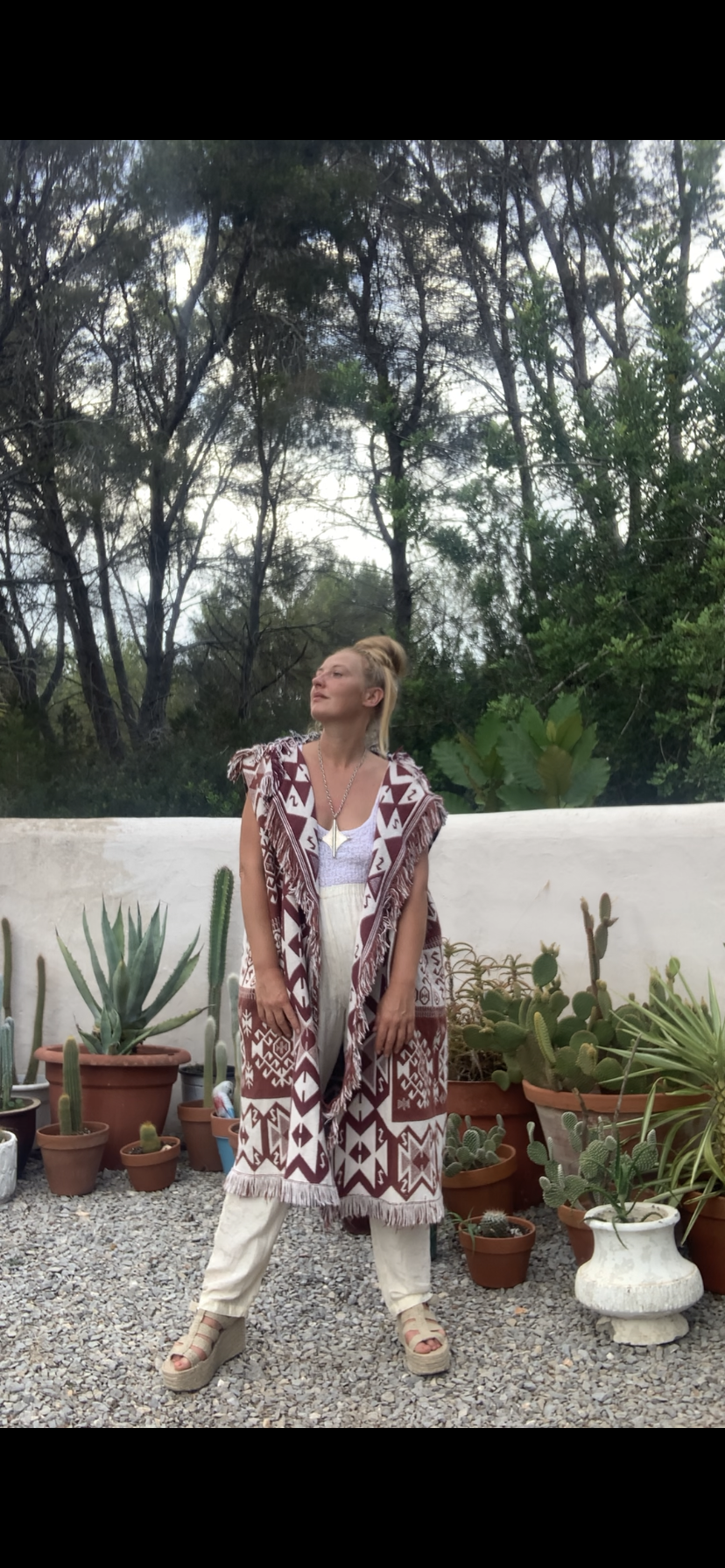 White and brown cotton long Aztec design blanket waistcoat/jackets up-cycled by Vagabond Ibiza.