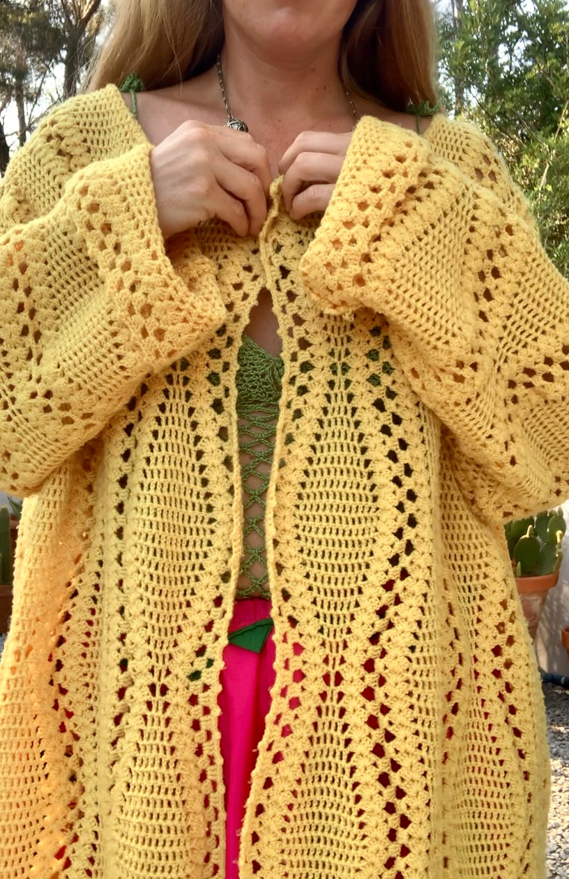 Vintage bright yellow handmade crochet blanket jacket up-cycled by Vagabond Ibiza.