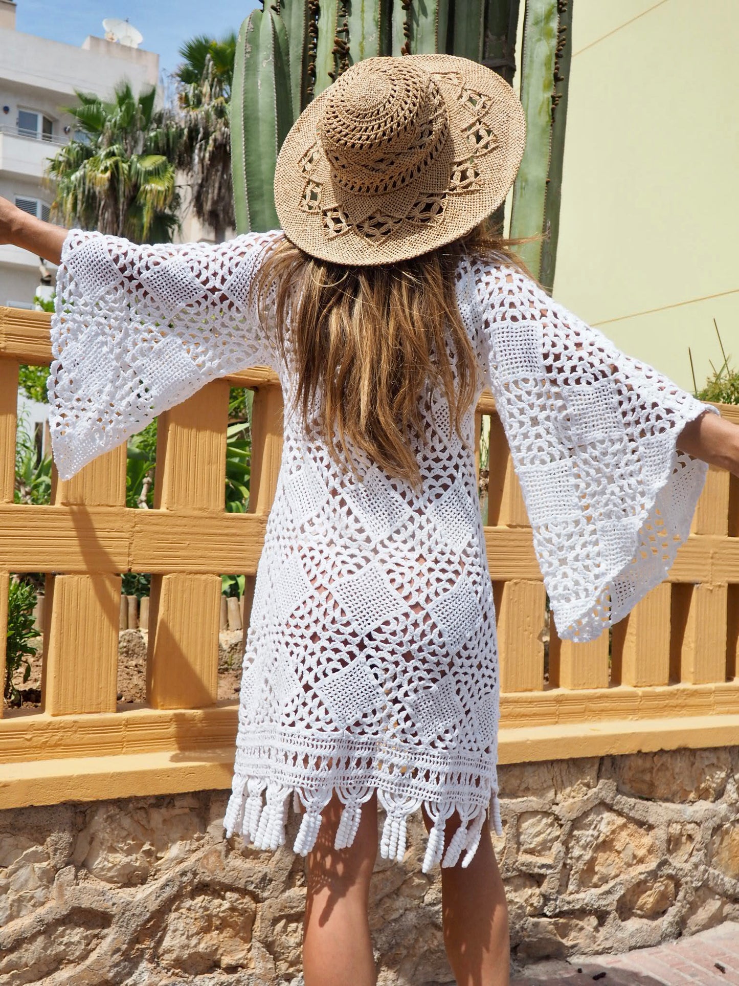 Vintage white crochet textiles up-cycled bell sleeve short dress made by Vagabond Ibiza