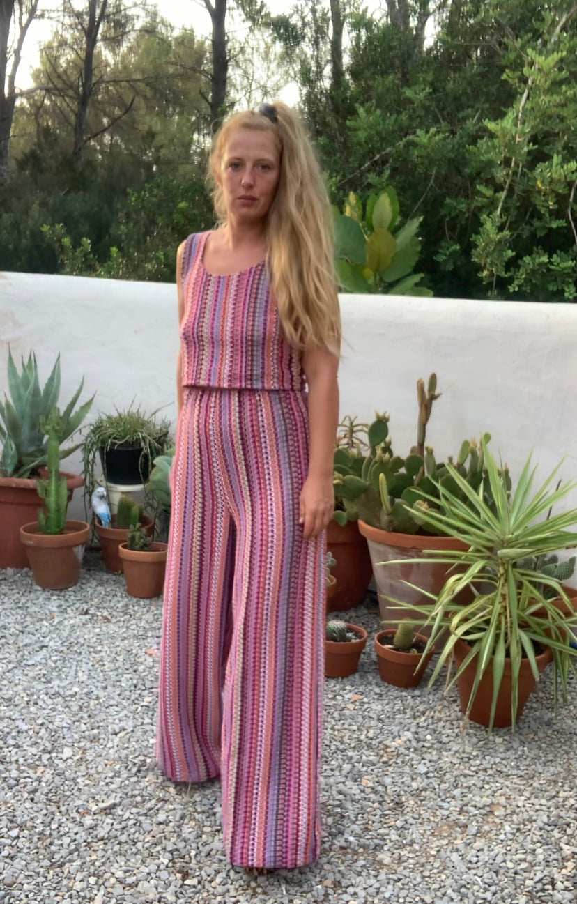 Up-cycled vintage machine knitted 2 piece set wide leg pants and top set made by Vagabond Ibiza