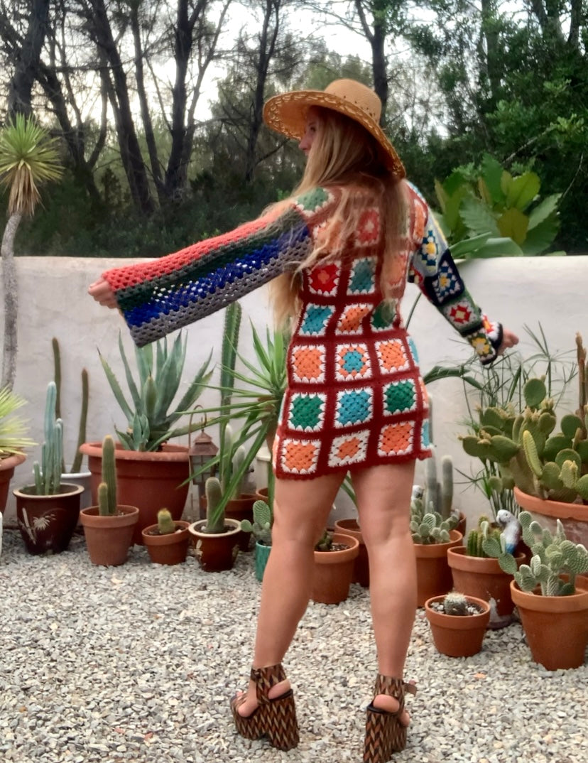 Vintage wool granny squared rainbow long sleeve shirt crochet jumper dress up-cycled by Vagabond Ibiza