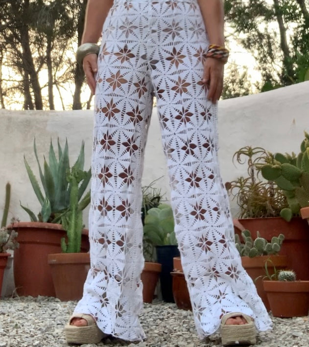 Vintage hand made crochet textiles up-cycled wide leg trousers by Vagabond Ibiza