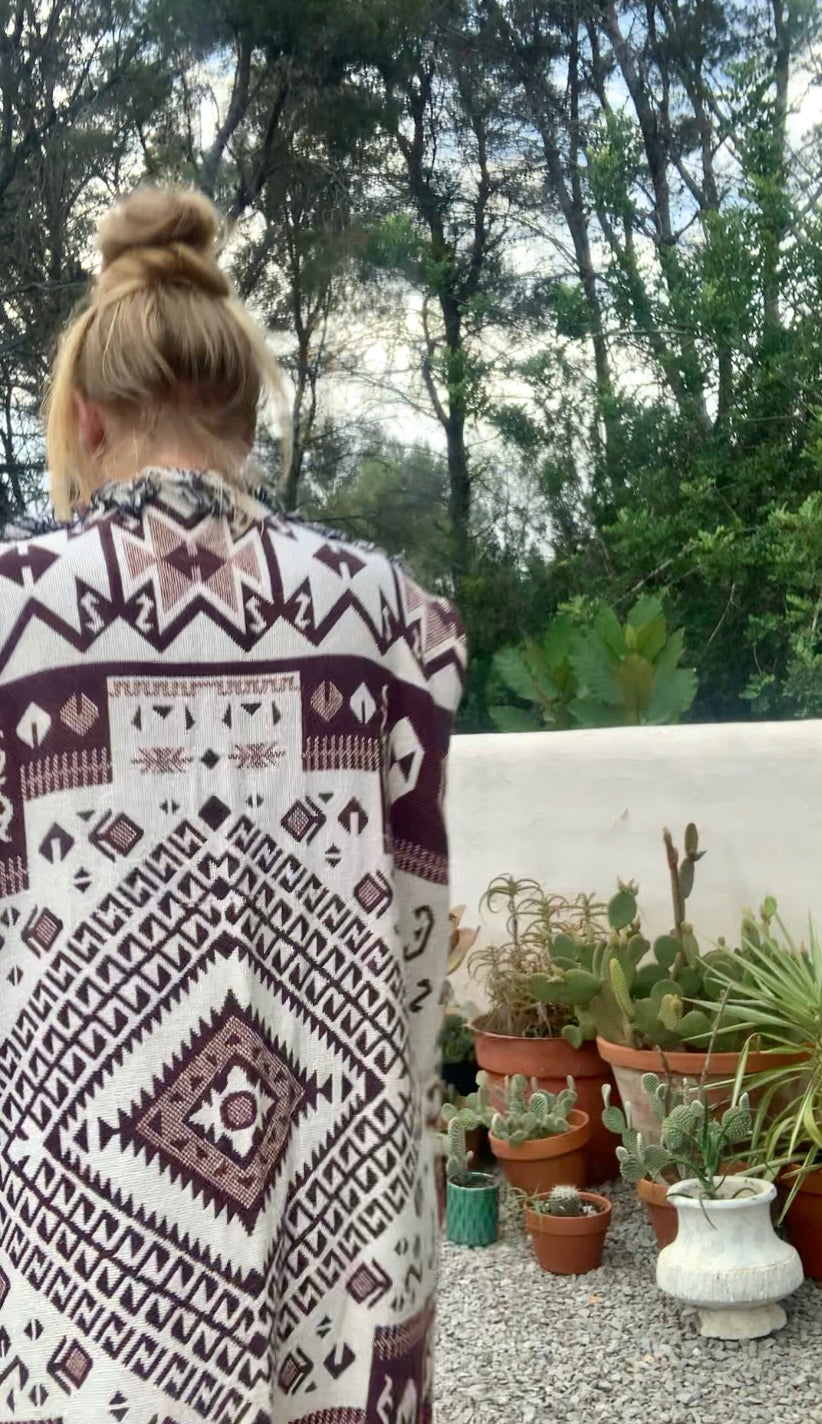 White and brown cotton long Aztec design blanket waistcoat/jackets up-cycled by Vagabond Ibiza.