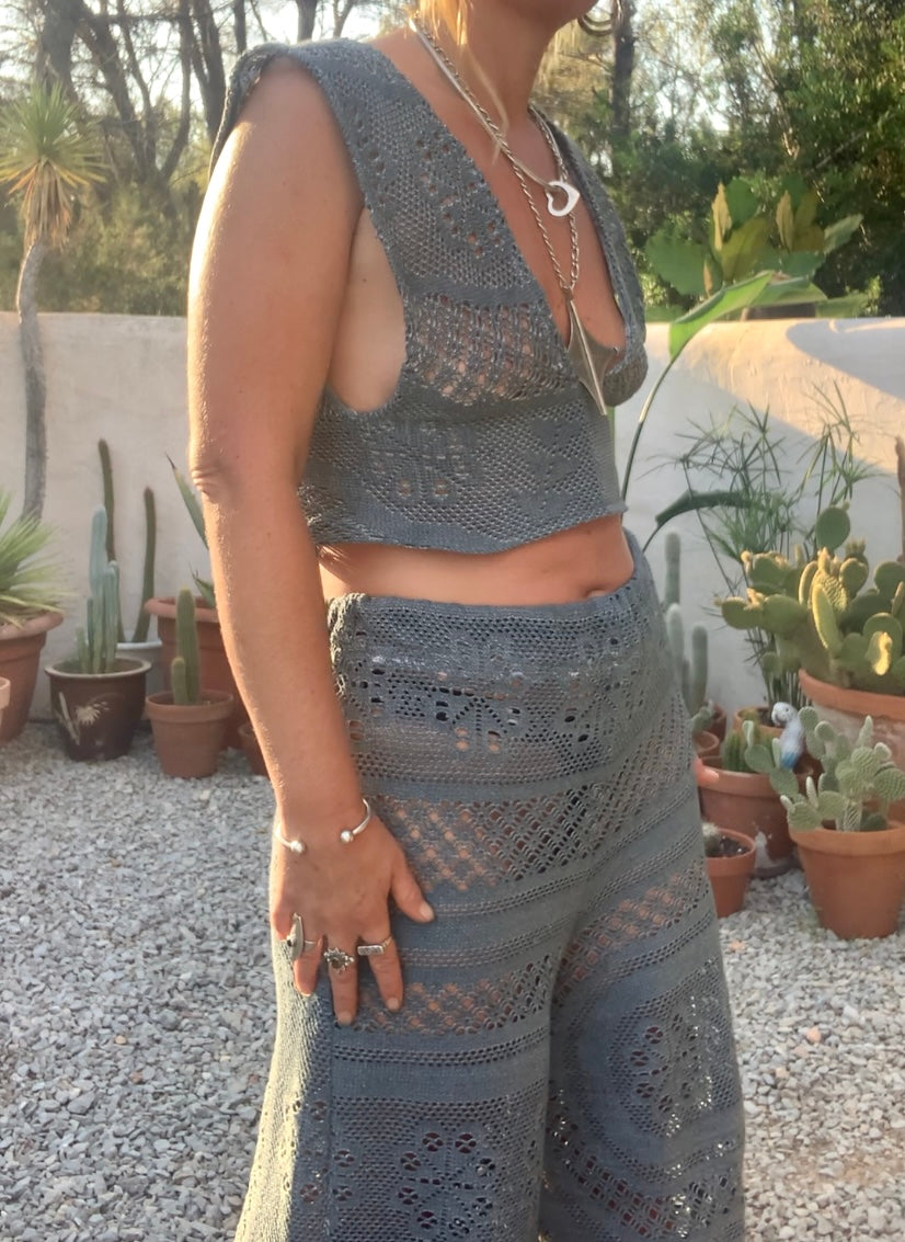 Vintage crochet textiles in gray up-cycled 2 piece set wide leg pants with elastic waists and low cut crop top with tie back