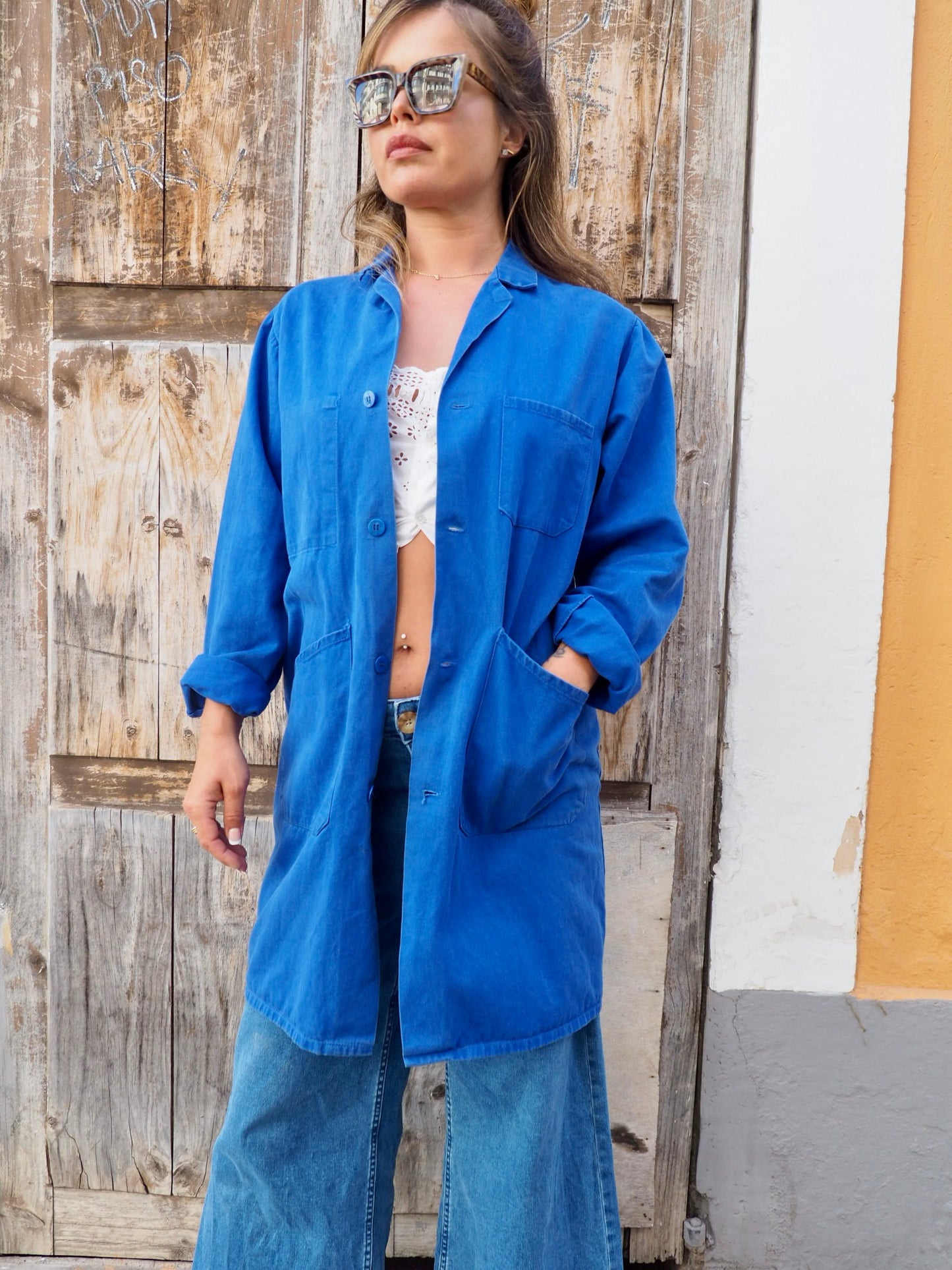 Vintage French blue cotton long workwear jacket with pockets