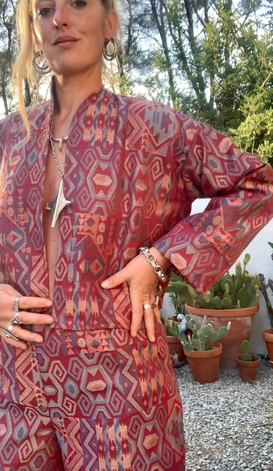Very cool 1970’s upholstery fabrics in burgundy and blue tones wide leg pants by Vagabond Ibiza from recycled dead stock fabrics or