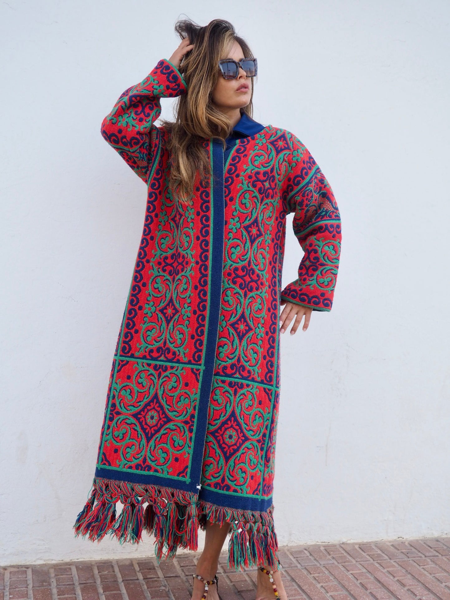 Amazing one off a kind woven tapestry jacket with oversize tassels trimming up-cycled jacket made by Vagabond Ibiza