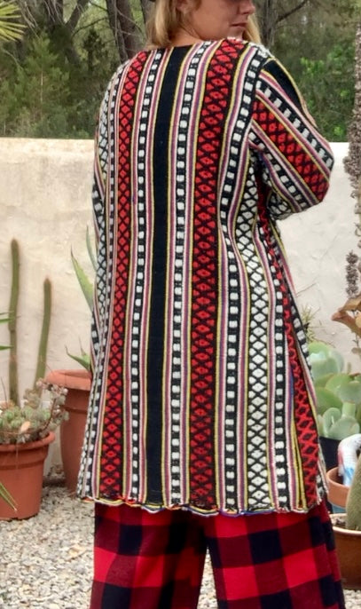 Hand woven Moroccan up-cycled blanket jacket made by Vagabond Ibiza with black white and red striped design