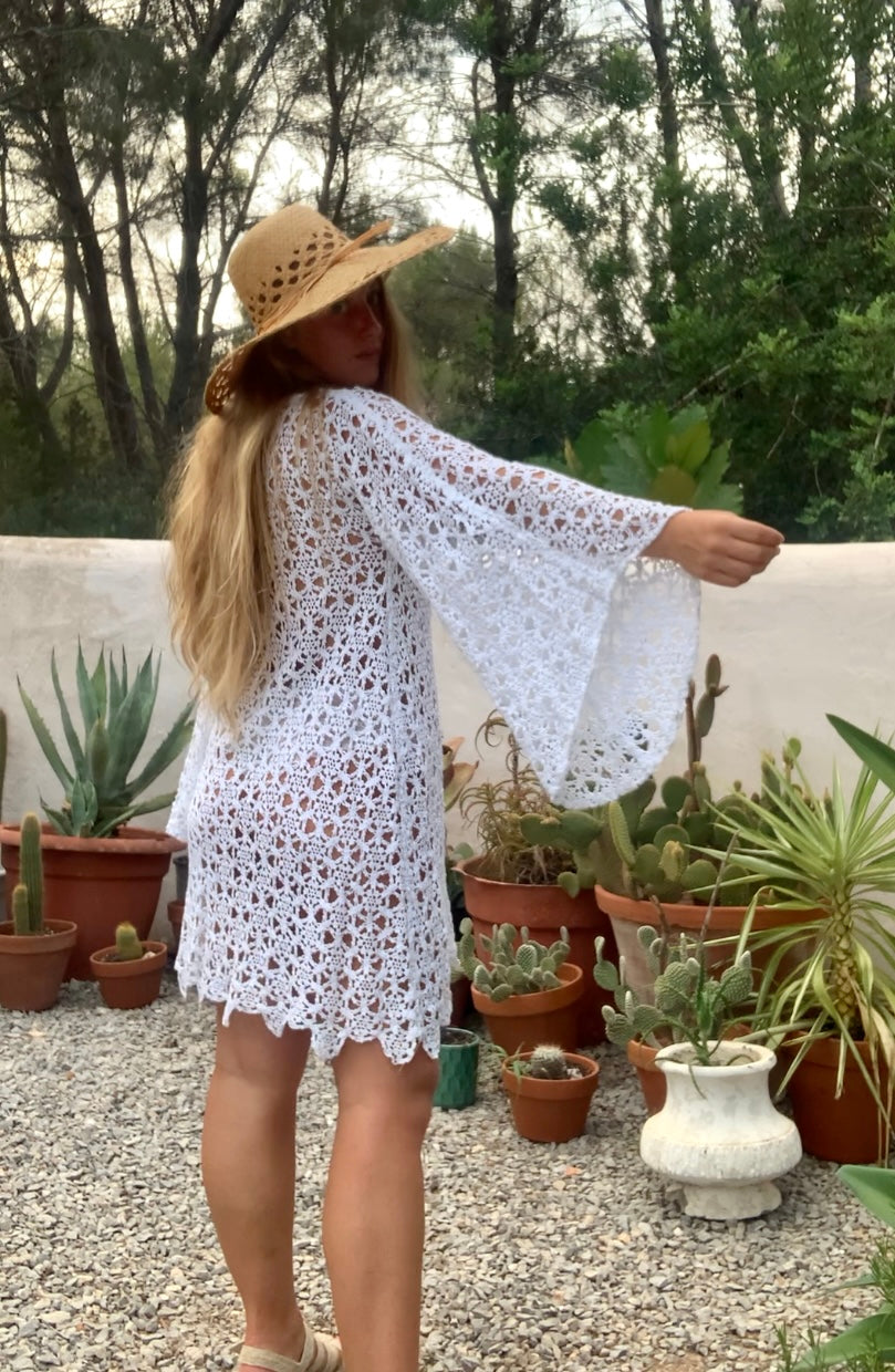 Very cool vintage white crochet oversized bell sleeve dress up-cycled by Vagabond Ibiza