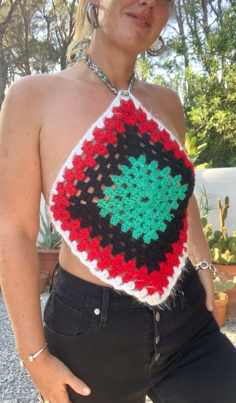 Vintage wool oversized granny square wool tie tops perfect for festivals party and summer time wear over a white shirt in winter