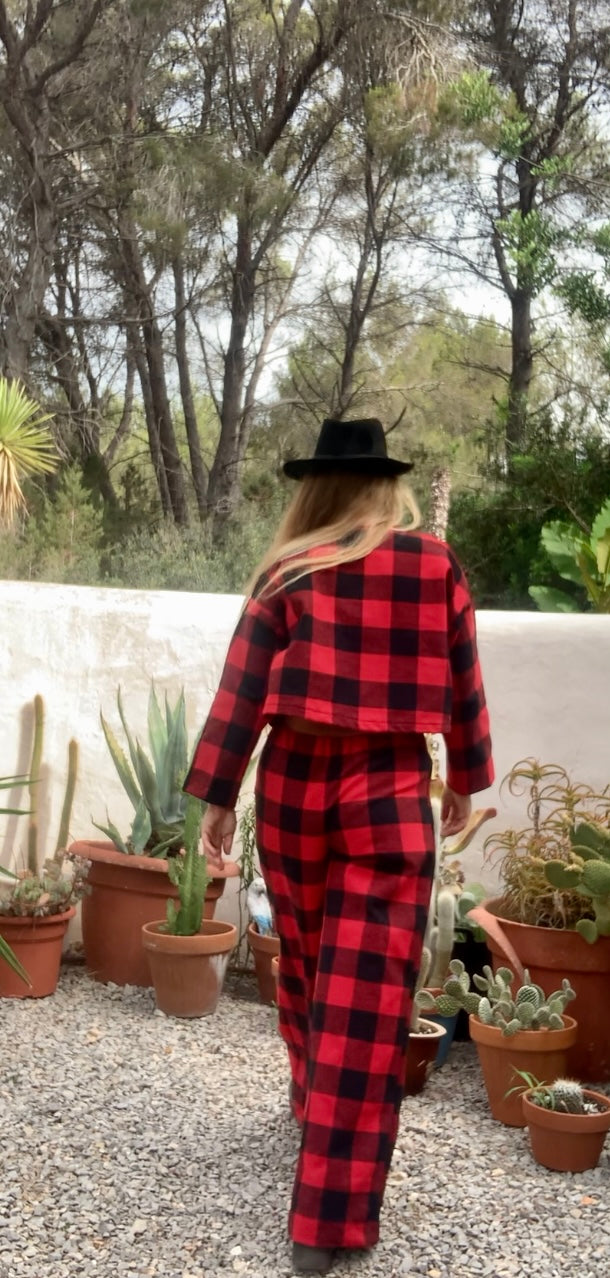 Red and black checked jacket made by Vagabond Ibiza from dead stock vintage textiles