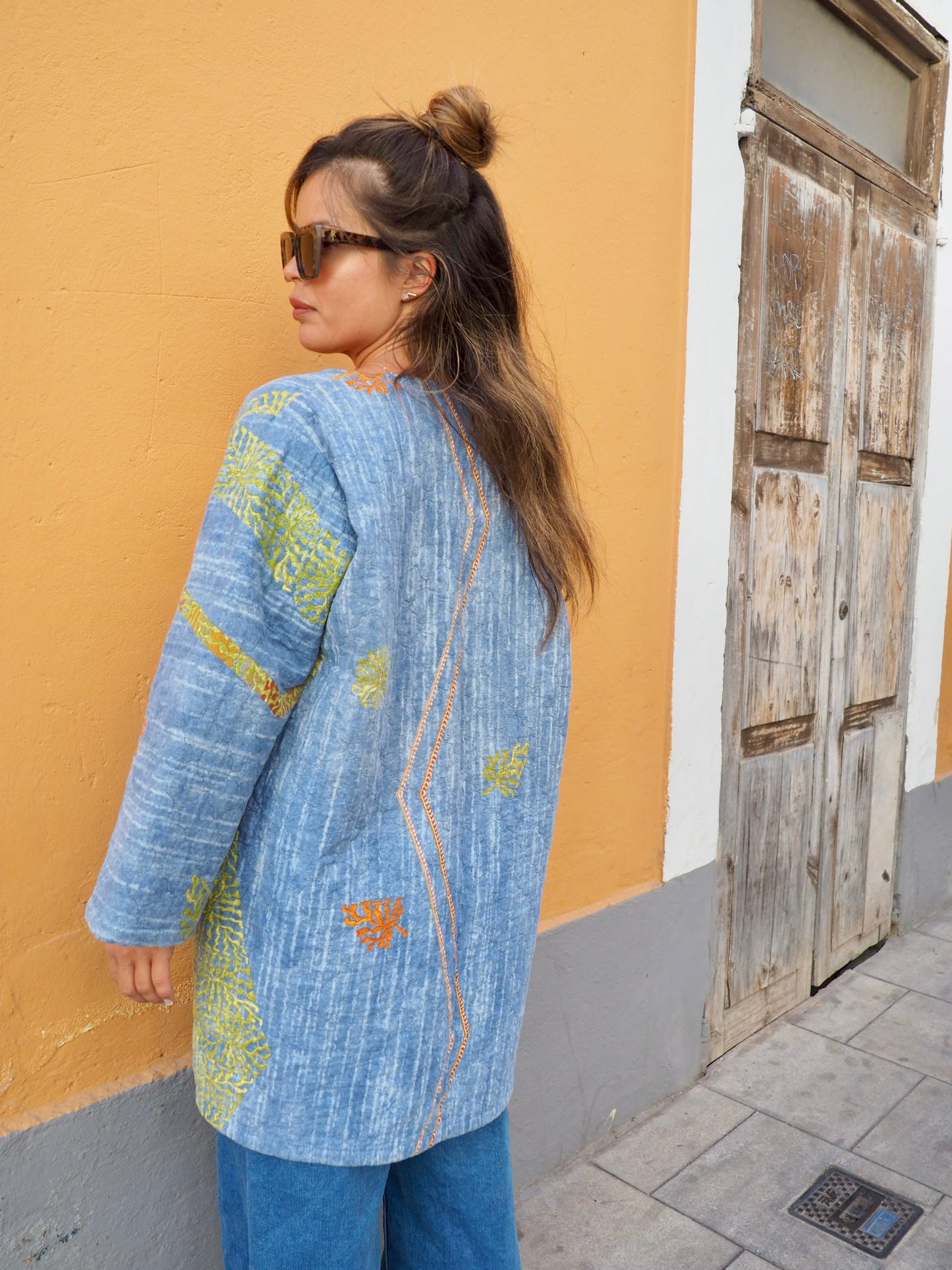 Vintage quilted blue patterned blanket jacket up-cycled by Vagabond Ibiza