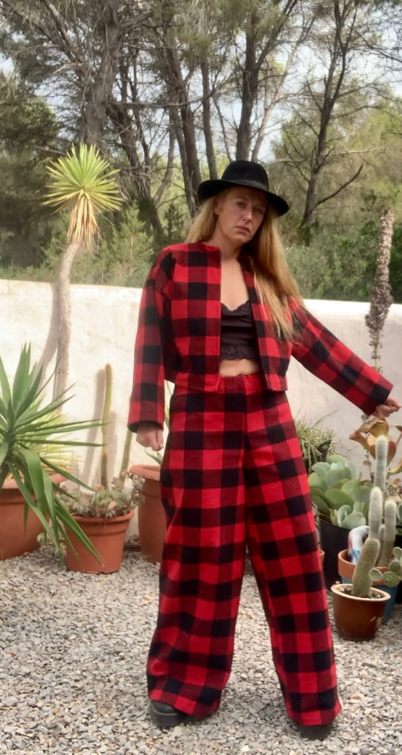 Red and black checked jacket made by Vagabond Ibiza from dead stock vintage textiles