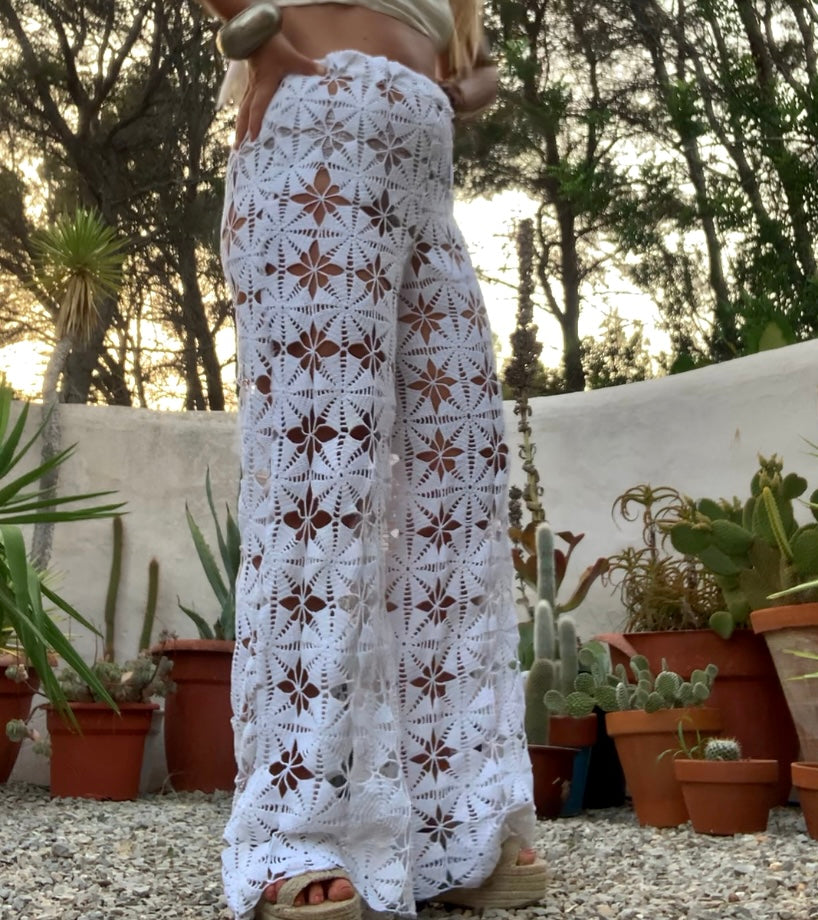 Vintage hand made crochet textiles up-cycled wide leg trousers by Vagabond Ibiza