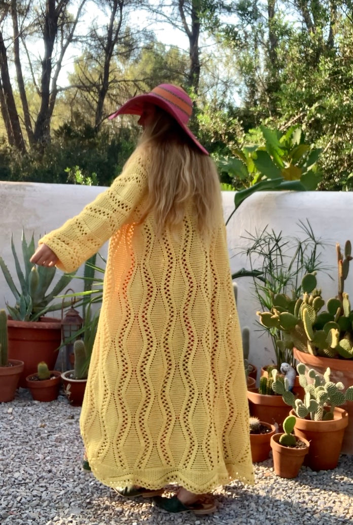 Vintage bright yellow handmade crochet blanket jacket up-cycled by Vagabond Ibiza.