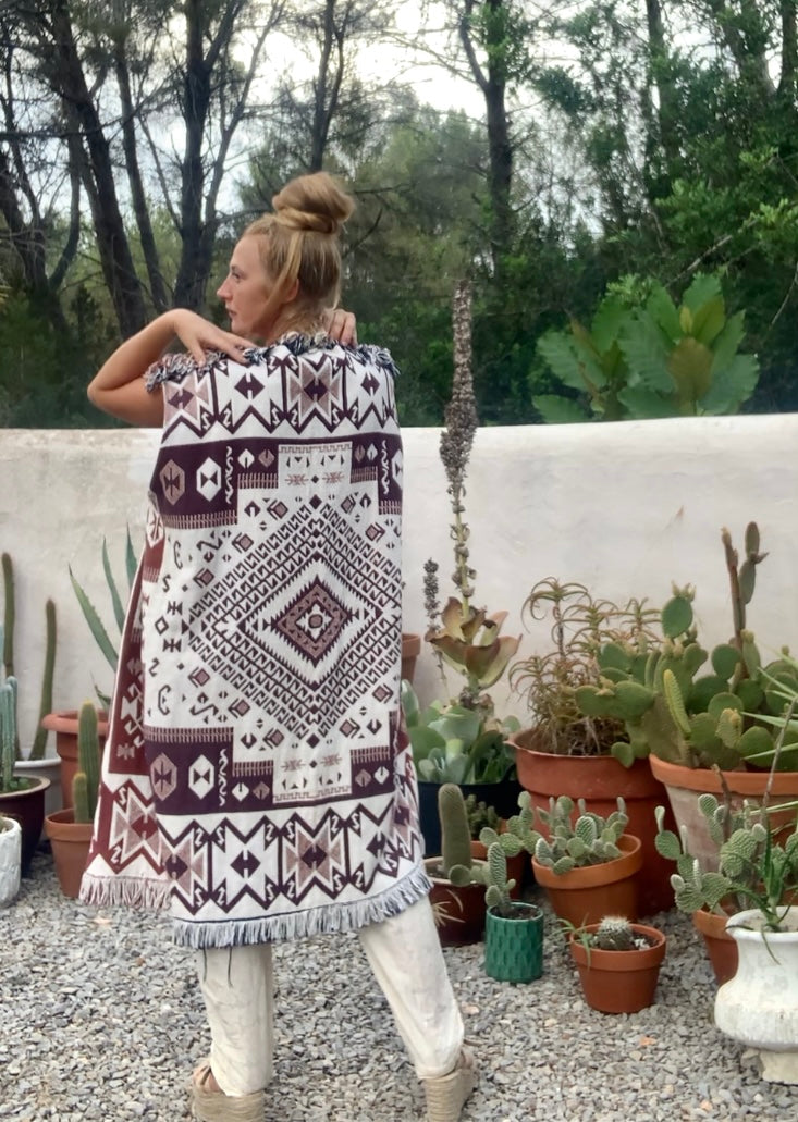 White and brown cotton long Aztec design blanket waistcoat/jackets up-cycled by Vagabond Ibiza.