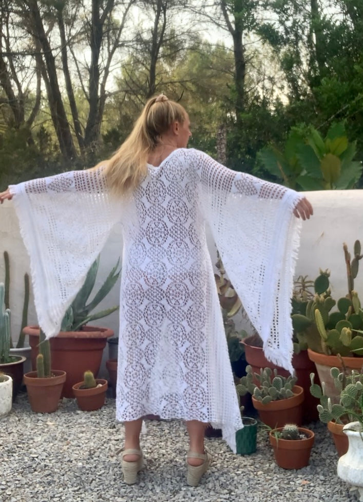 vintage white crochet long maxi dress with wide bell sleeves up-cycled by Vagabond Ibiza
