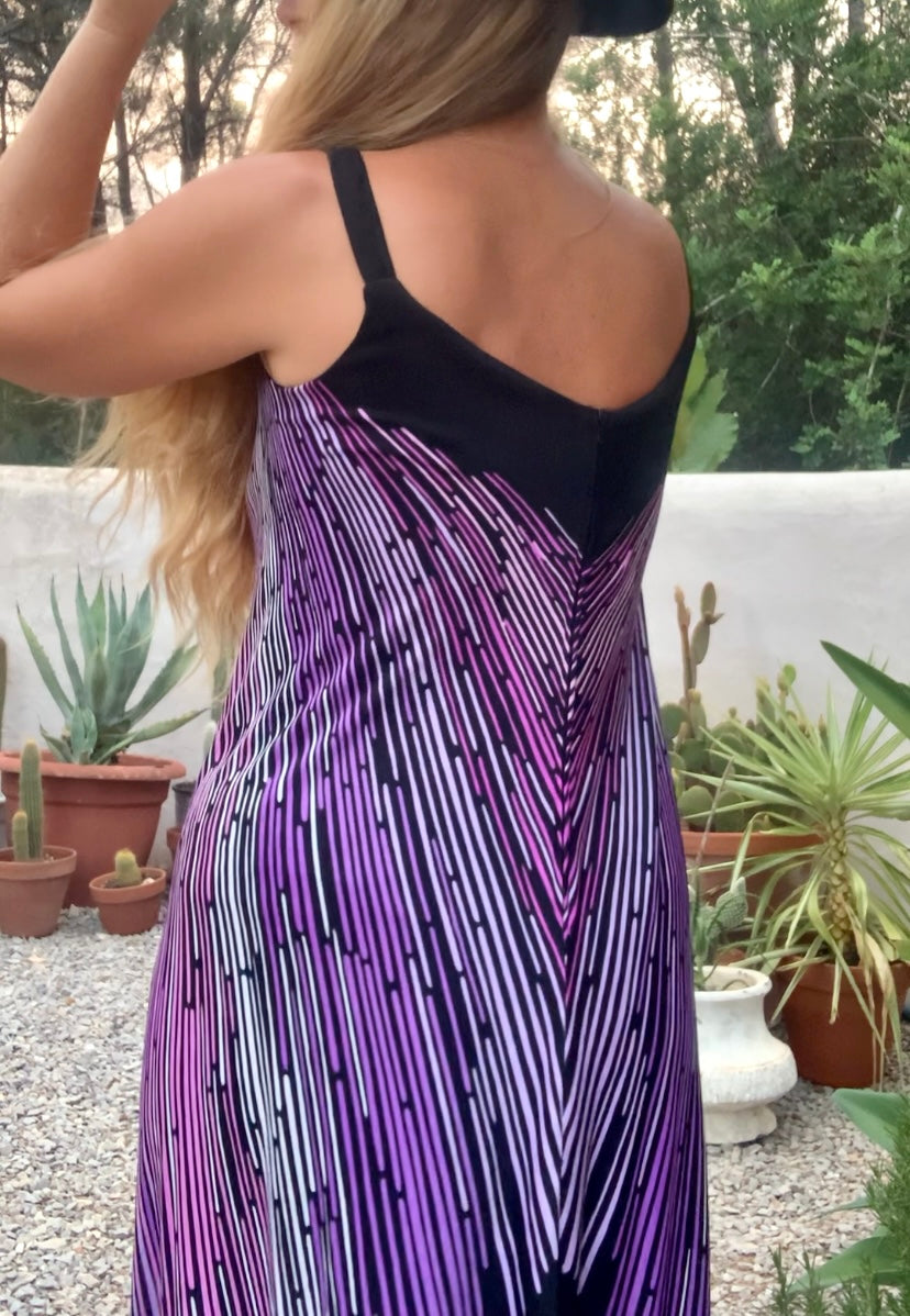 Original vintage 1970’s black and purple striped geometric design maxi dress