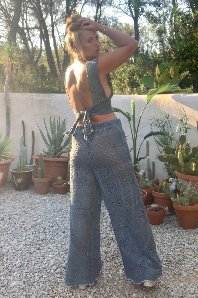 Vintage crochet textiles in gray up-cycled 2 piece set wide leg pants with elastic waists and low cut crop top with tie back